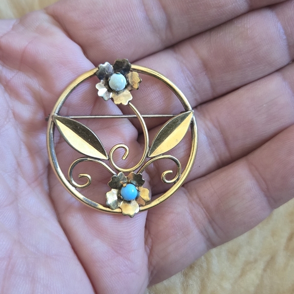925 Sterling Silver Jewelry - Vintage Gold Filled Sterling  Floral Brooch with Turquoise Accents